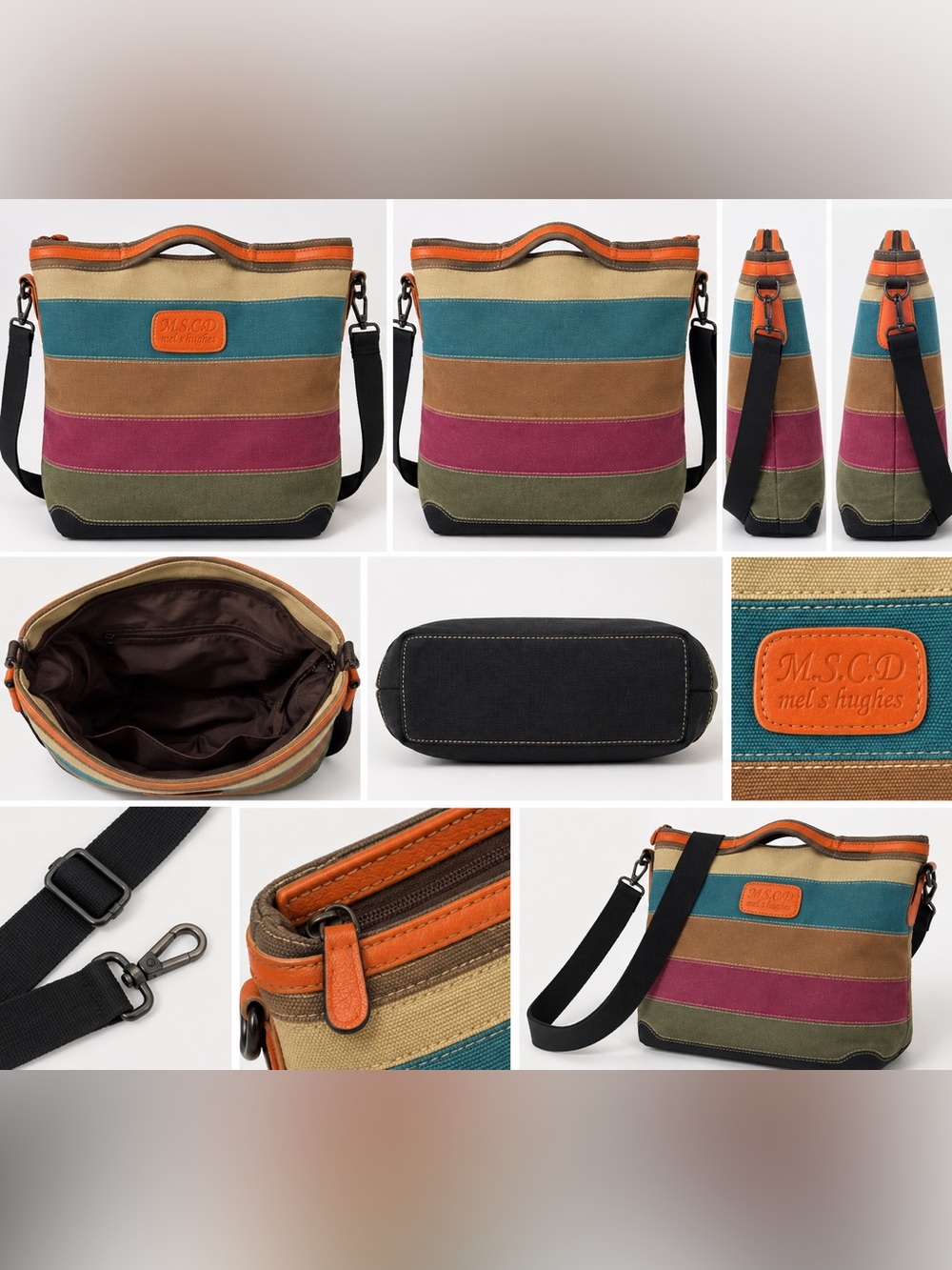Striped Canvas Messenger Bag in Teal, Tan & Magenta - MSCD by Mel S. Hughes